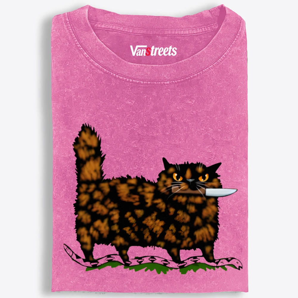 Tortoiseshell Cat With A Knife Retro Washed T-Shirt | 100% Cotton | Streetwear Essential