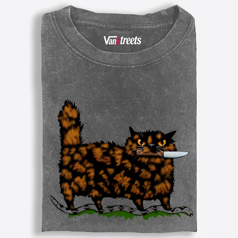 Tortoiseshell Cat With A Knife Retro Washed T-Shirt | 100% Cotton | Streetwear Essential