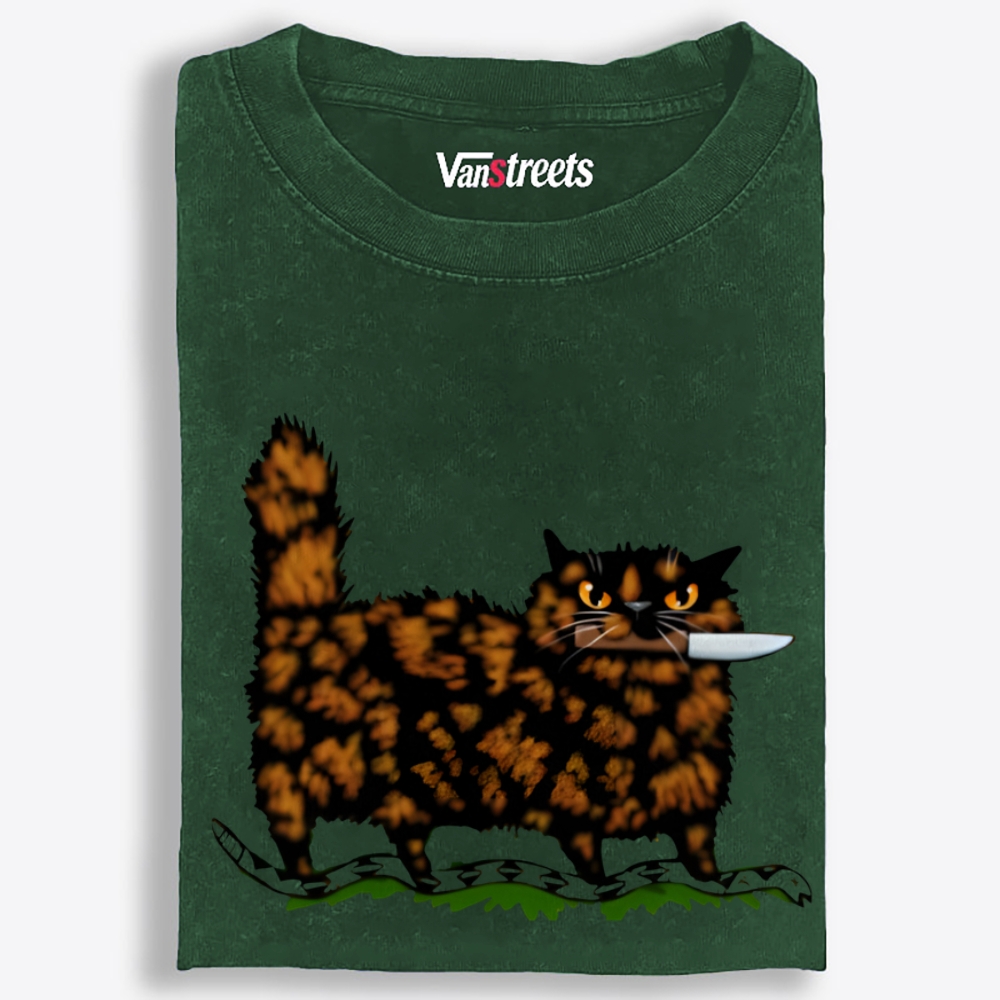 Tortoiseshell Cat With A Knife Retro Washed T-Shirt | 100% Cotton | Streetwear Essential