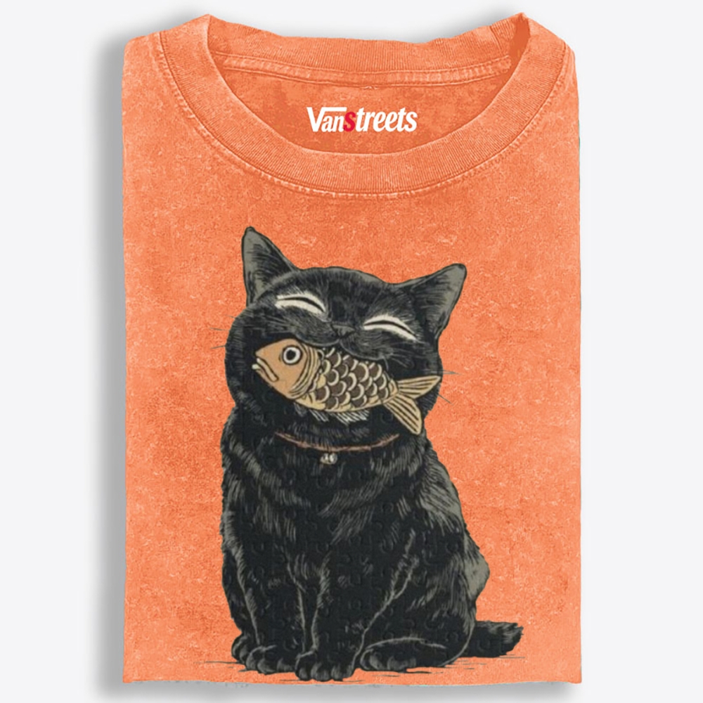 Fish Thief Black Cat Retro Washed T-Shirt | 100% Cotton | Streetwear Essential