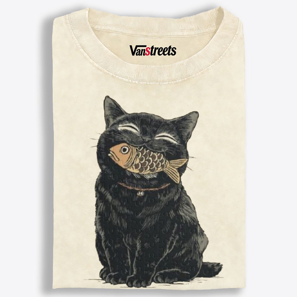 Fish Thief Black Cat Retro Washed T-Shirt | 100% Cotton | Streetwear Essential