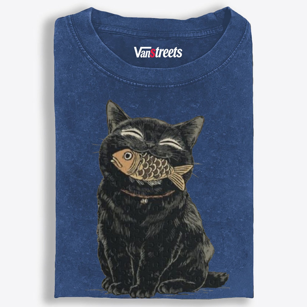 Fish Thief Black Cat Retro Washed T-Shirt | 100% Cotton | Streetwear Essential