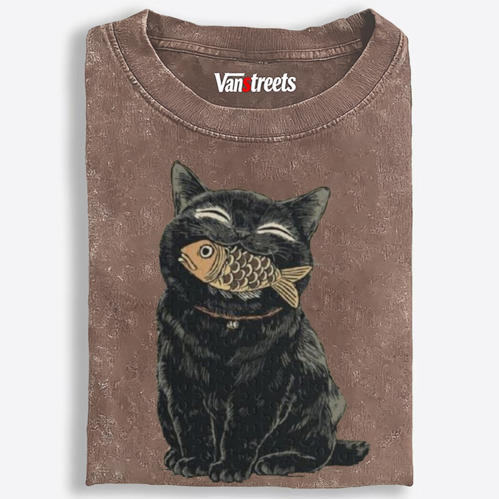Fish Thief Black Cat Retro Washed T-Shirt | 100% Cotton | Streetwear Essential