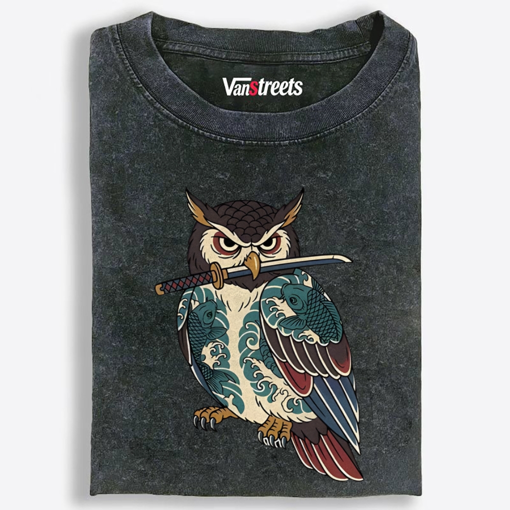 Samurai Owl Retro Washed T-Shirt | 100% Cotton | Streetwear Essential