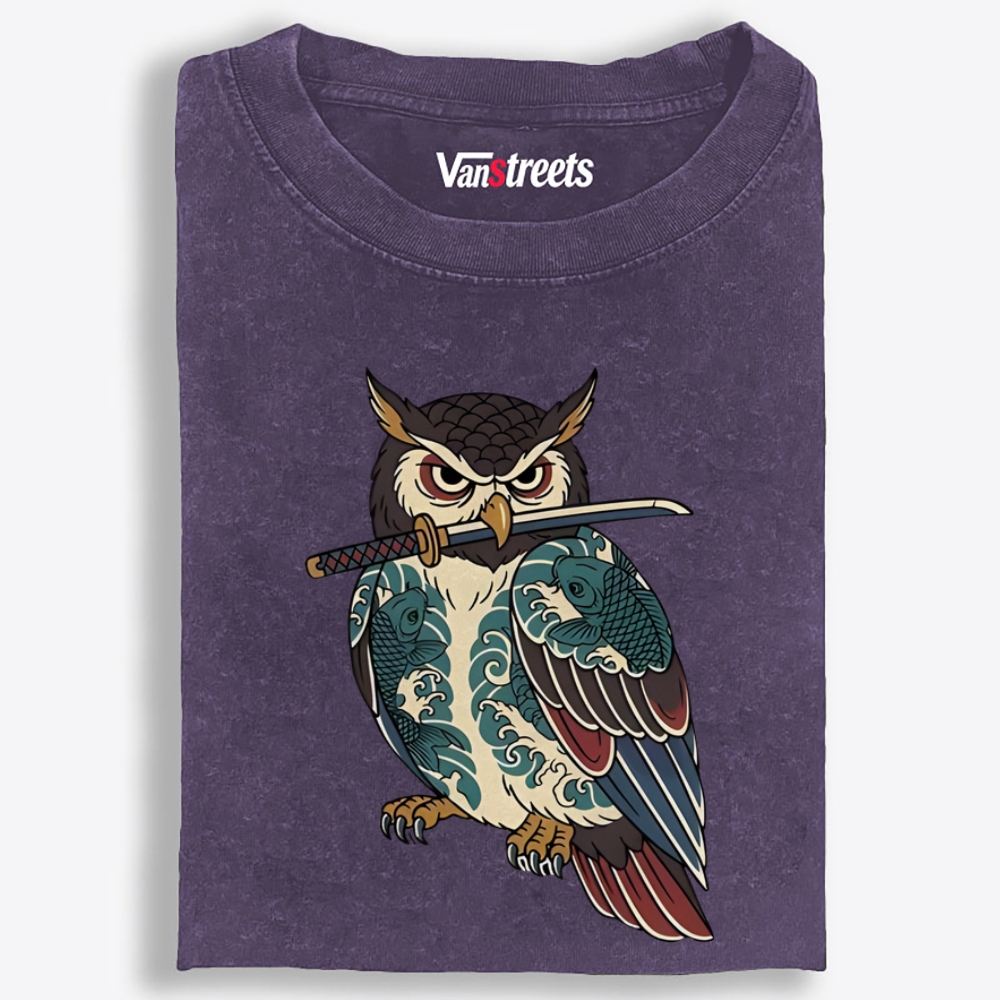 Samurai Owl Retro Washed T-Shirt | 100% Cotton | Streetwear Essential