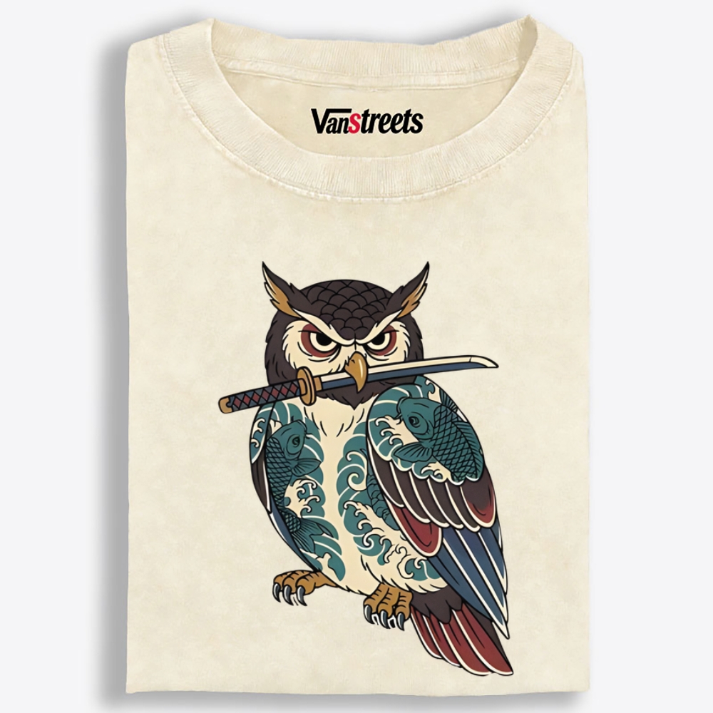 Samurai Owl Retro Washed T-Shirt | 100% Cotton | Streetwear Essential