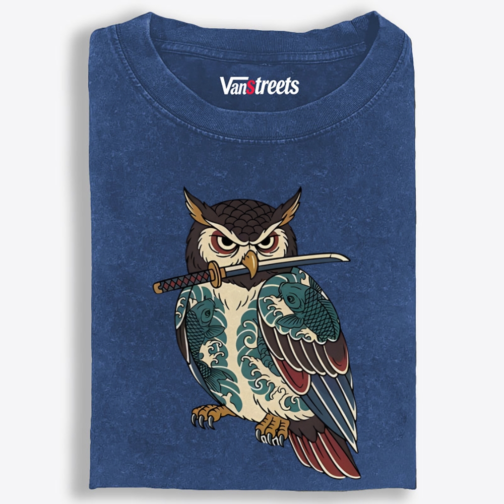 Samurai Owl Retro Washed T-Shirt | 100% Cotton | Streetwear Essential