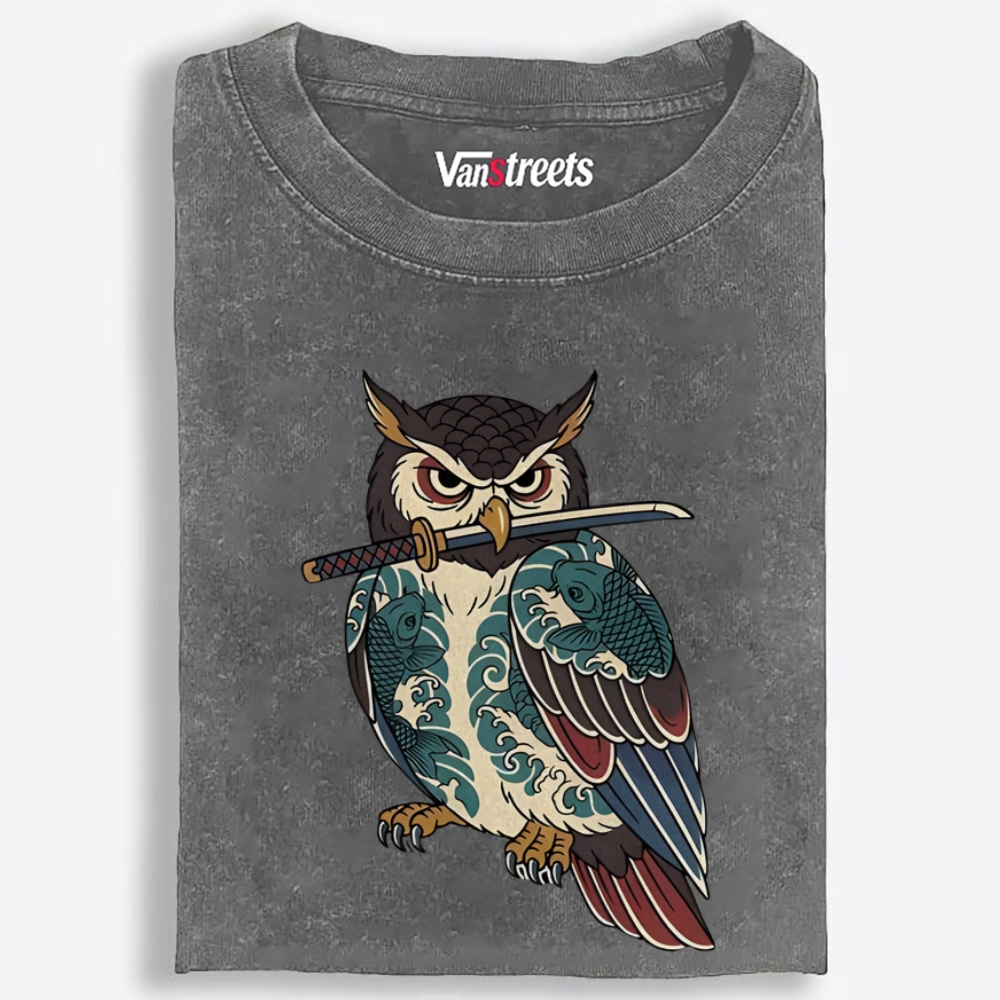 Samurai Owl Retro Washed T-Shirt | 100% Cotton | Streetwear Essential