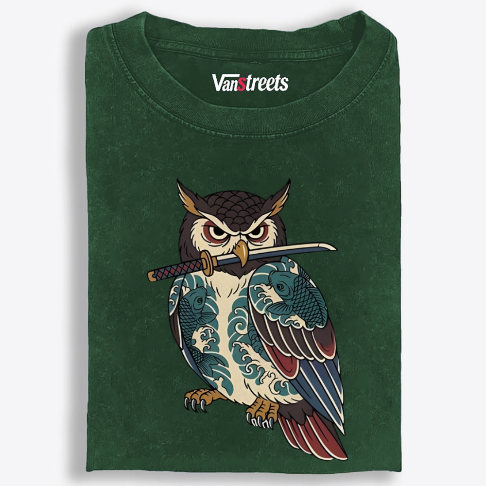 Samurai Owl Retro Washed T-Shirt | 100% Cotton | Streetwear Essential