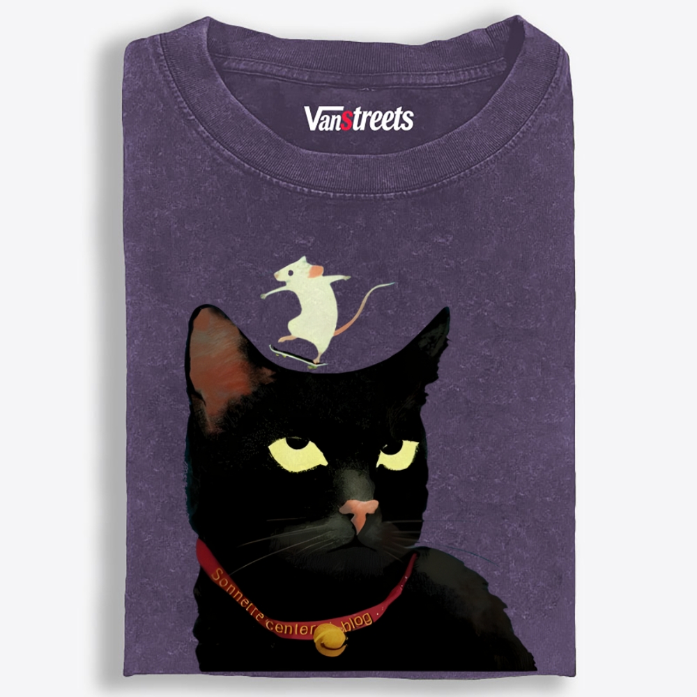 Skateboarding Mouse On Cat's Head Retro Washed T-Shirt | 100% Cotton | Streetwear Essential