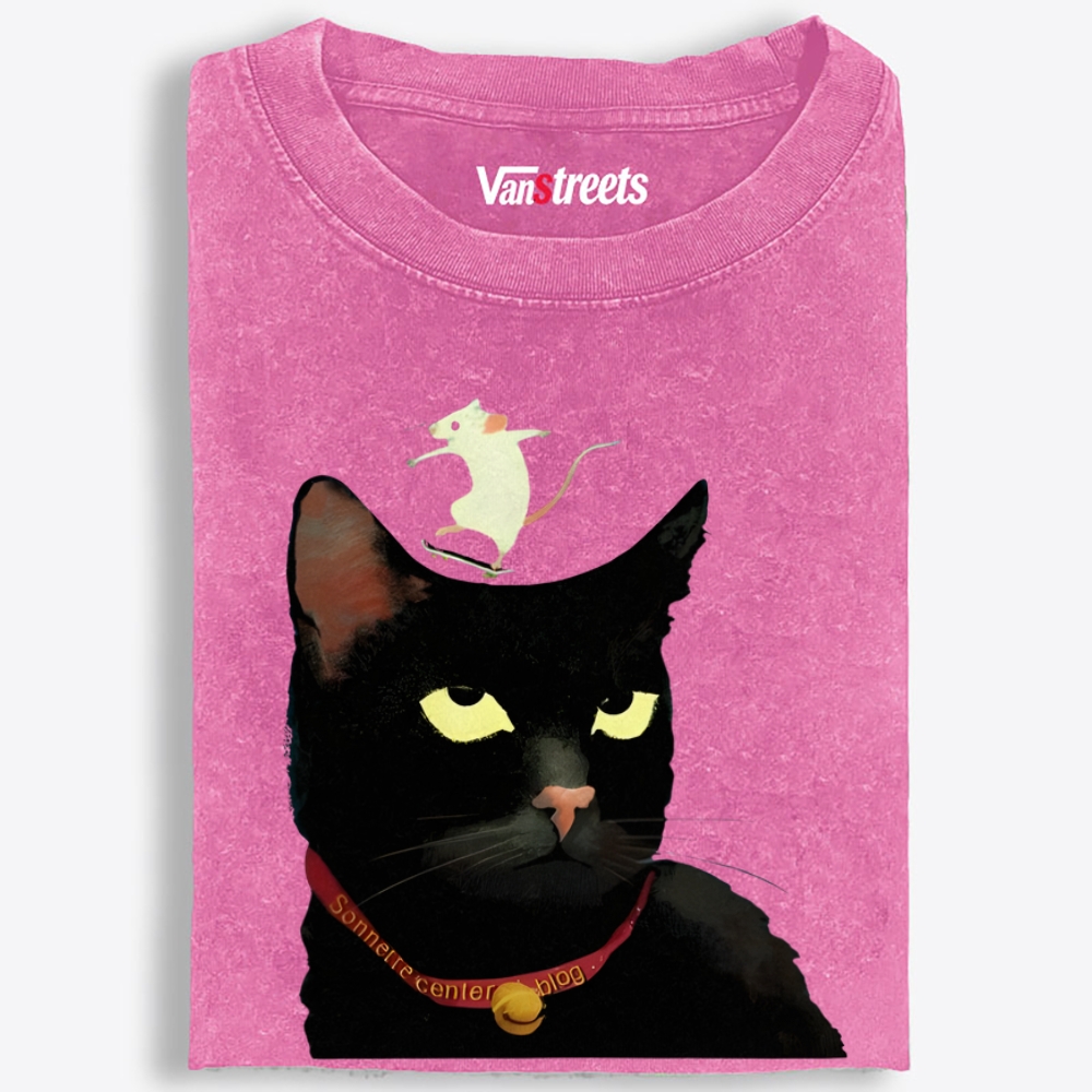 Skateboarding Mouse On Cat's Head Retro Washed T-Shirt | 100% Cotton | Streetwear Essential