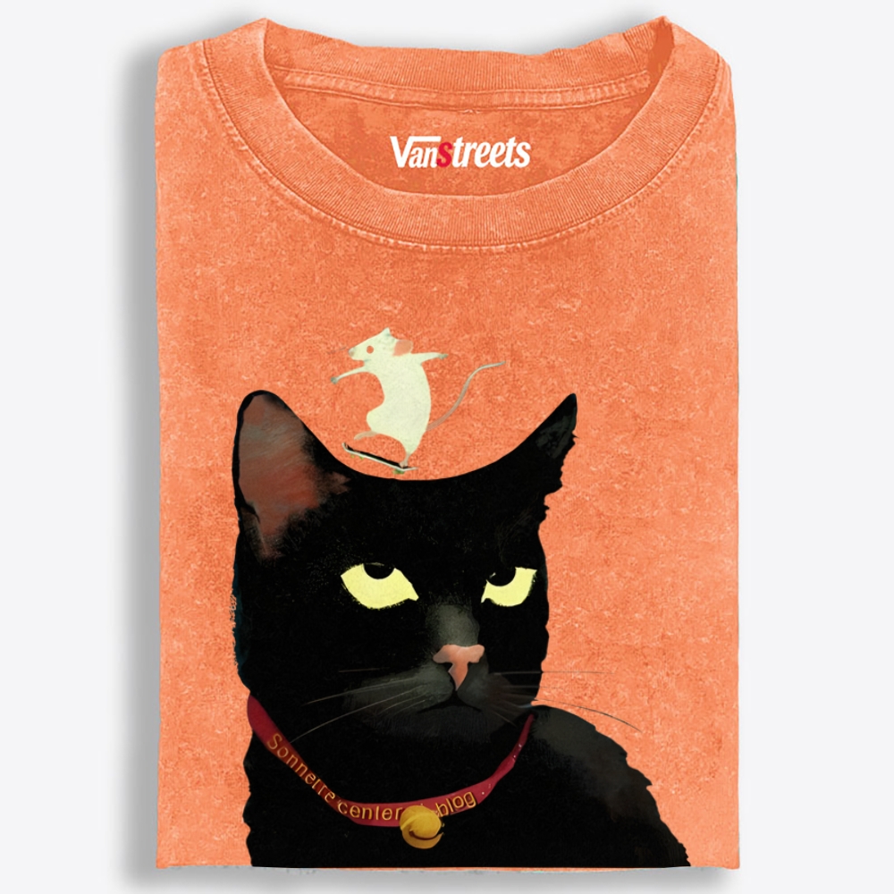 Skateboarding Mouse On Cat's Head Retro Washed T-Shirt | 100% Cotton | Streetwear Essential