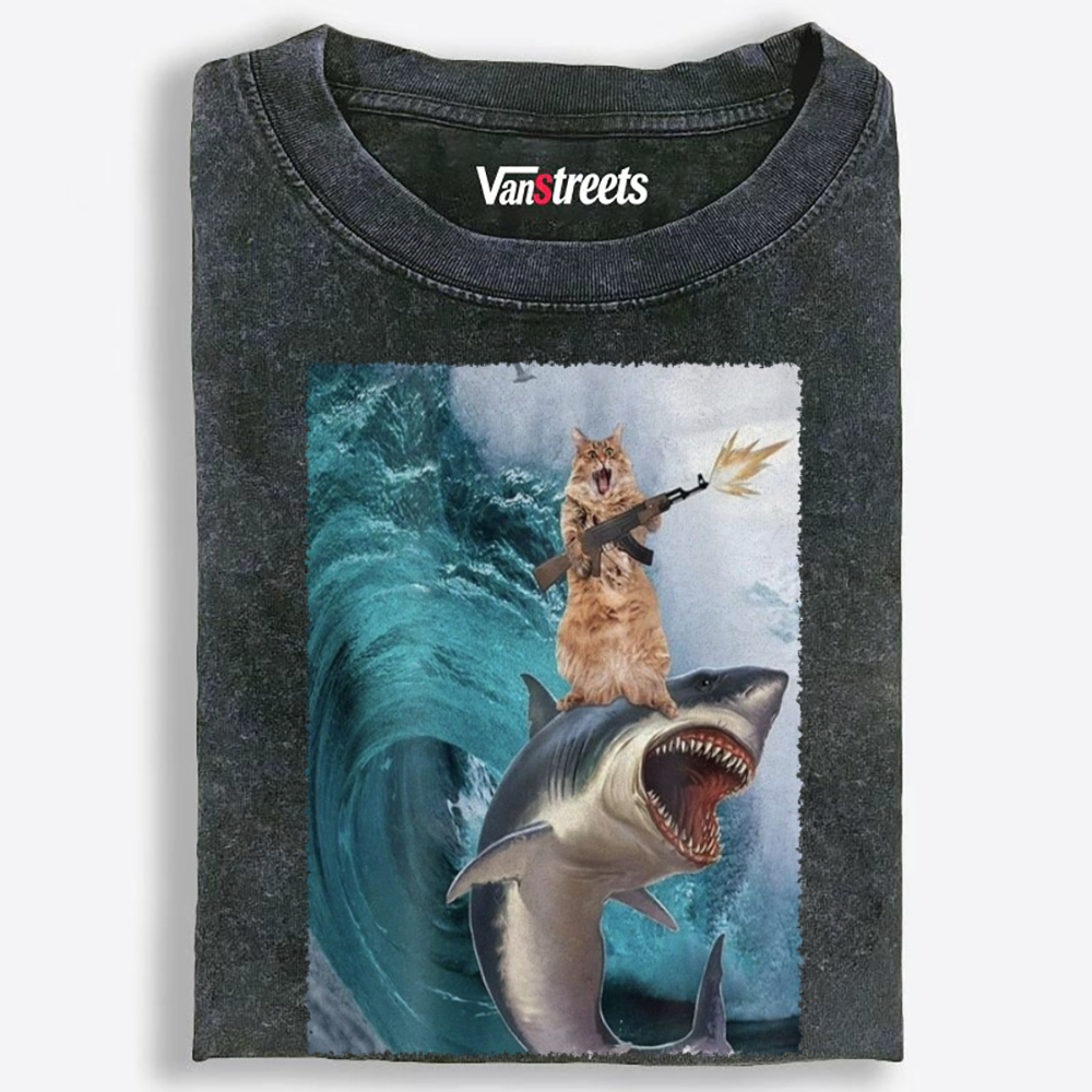 Gun Cat on Shark Retro Washed T-Shirt | 100% Cotton | Streetwear Essential