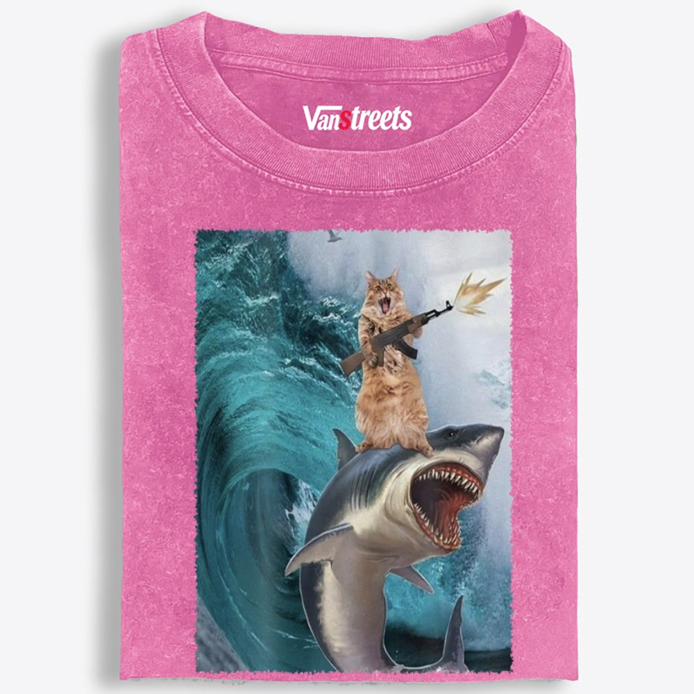 Gun Cat on Shark Retro Washed T-Shirt | 100% Cotton | Streetwear Essential