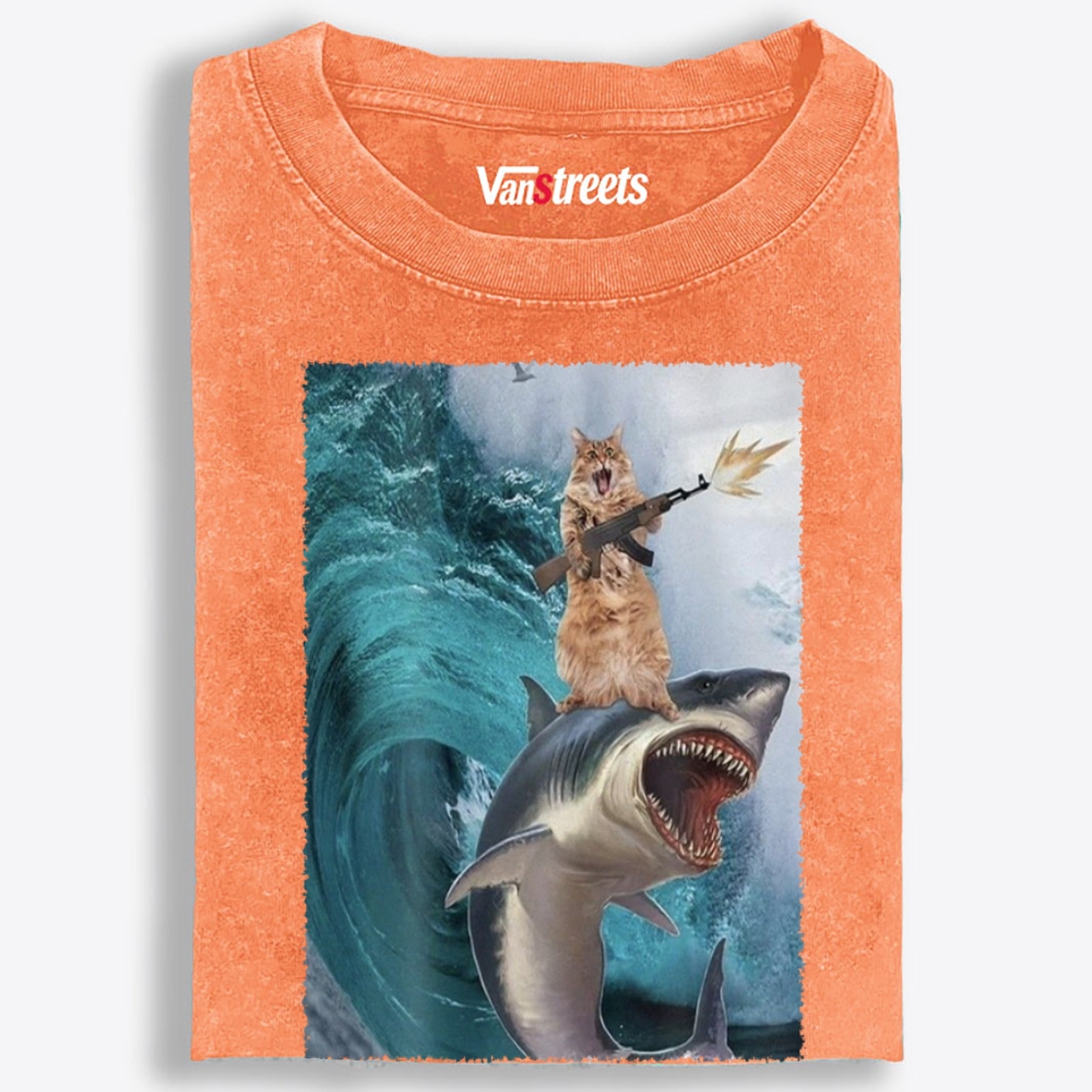 Gun Cat on Shark Retro Washed T-Shirt | 100% Cotton | Streetwear Essential