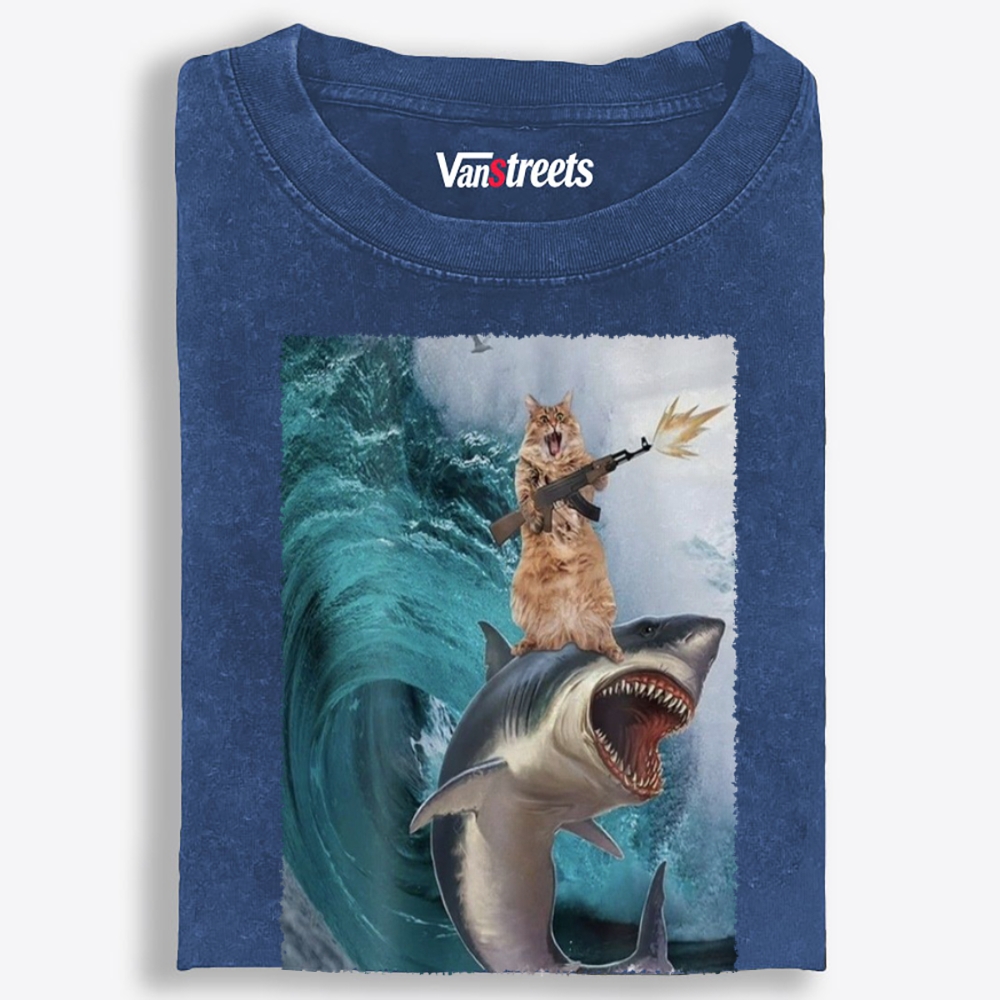 Gun Cat on Shark Retro Washed T-Shirt | 100% Cotton | Streetwear Essential