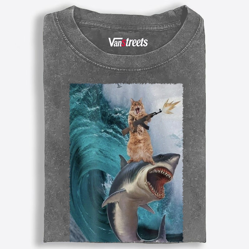 Gun Cat on Shark Retro Washed T-Shirt | 100% Cotton | Streetwear Essential