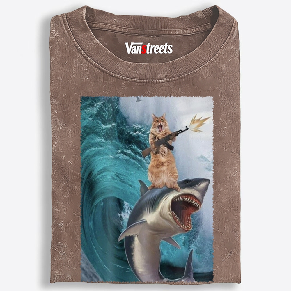 Gun Cat on Shark Retro Washed T-Shirt | 100% Cotton | Streetwear Essential
