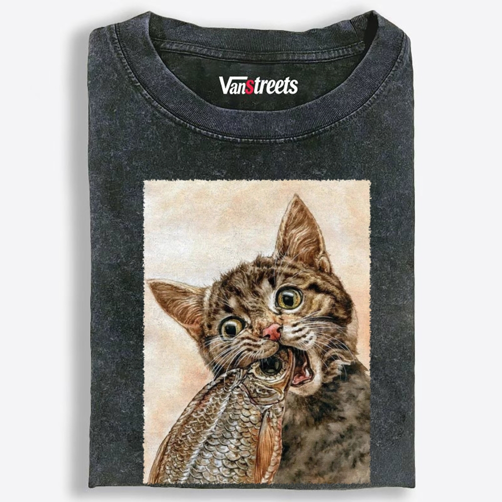 Fish Cat Retro Washed T-Shirt | 100% Cotton | Streetwear Essential