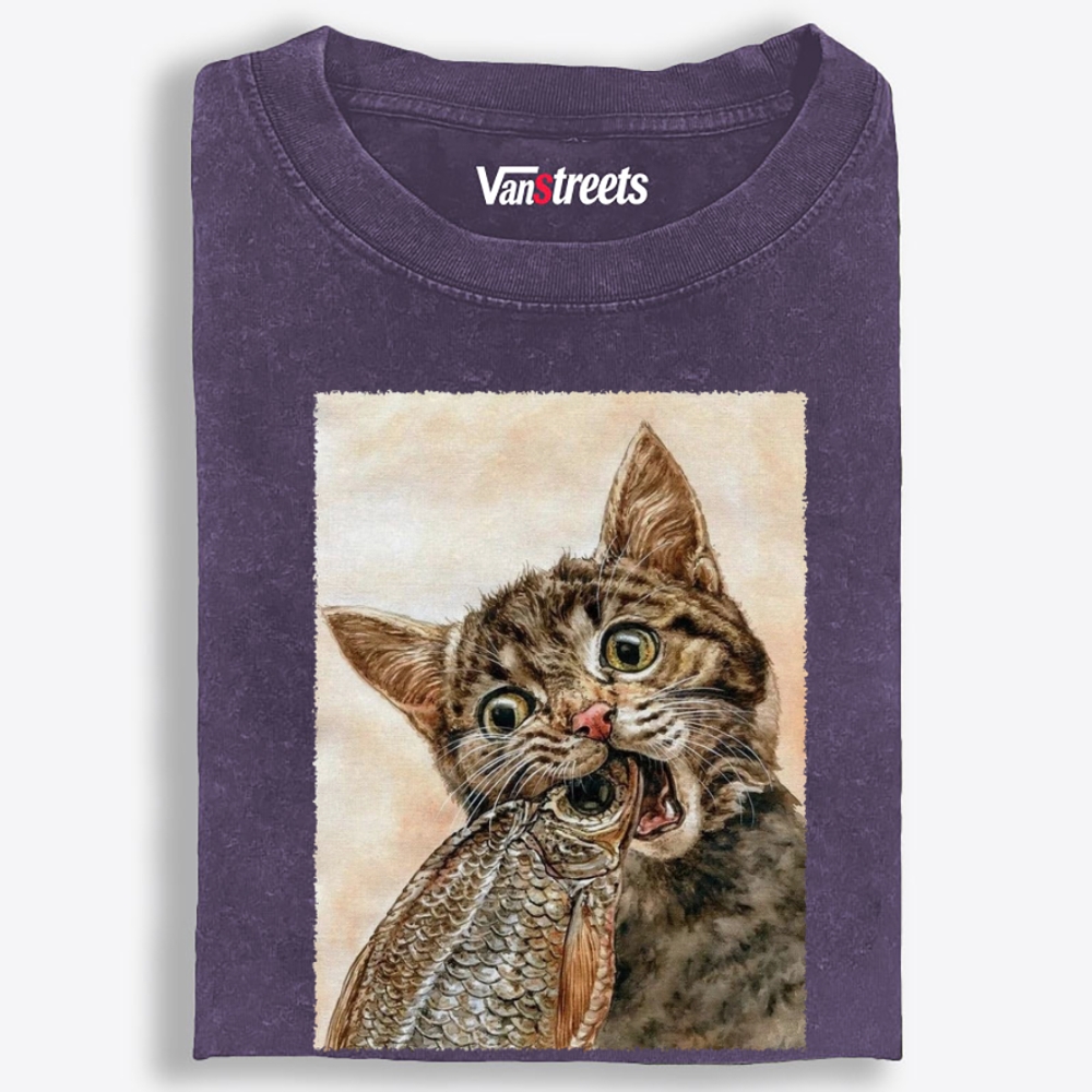 Fish Cat Retro Washed T-Shirt | 100% Cotton | Streetwear Essential