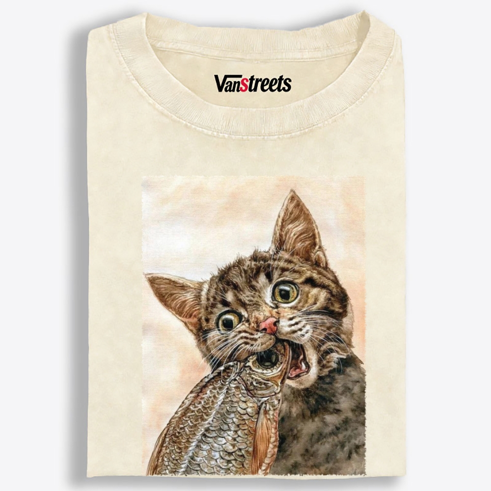 Fish Cat Retro Washed T-Shirt | 100% Cotton | Streetwear Essential