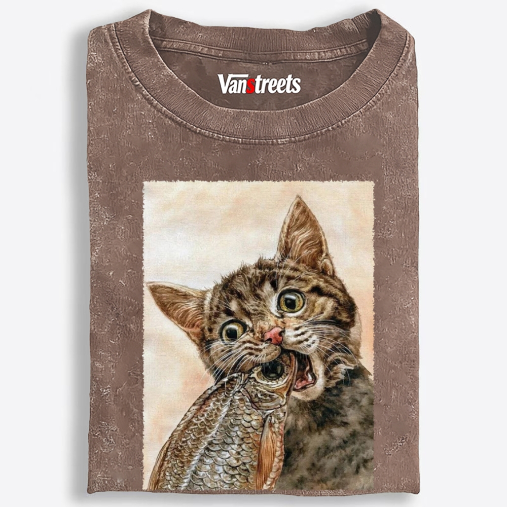 Fish Cat Retro Washed T-Shirt | 100% Cotton | Streetwear Essential