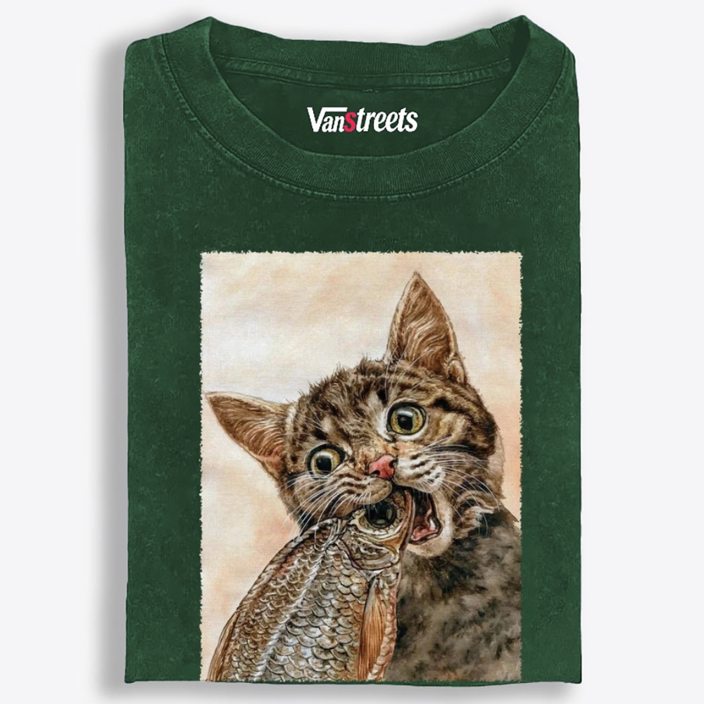 Fish Cat Retro Washed T-Shirt | 100% Cotton | Streetwear Essential