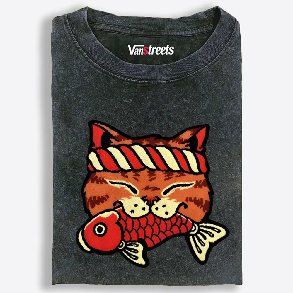 Lucky Cat Fish Retro Washed T-Shirt | 100% Cotton | Streetwear Essential