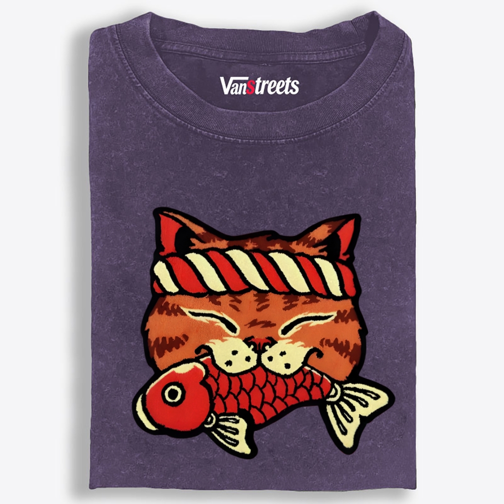 Lucky Cat Fish Retro Washed T-Shirt | 100% Cotton | Streetwear Essential