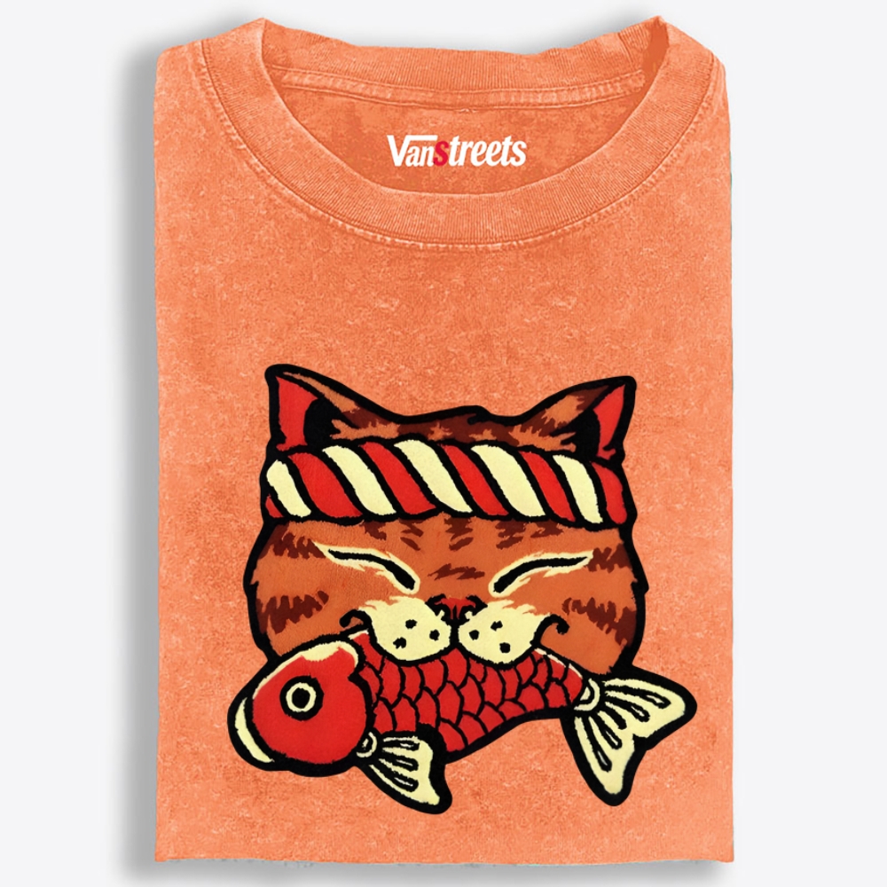Lucky Cat Fish Retro Washed T-Shirt | 100% Cotton | Streetwear Essential