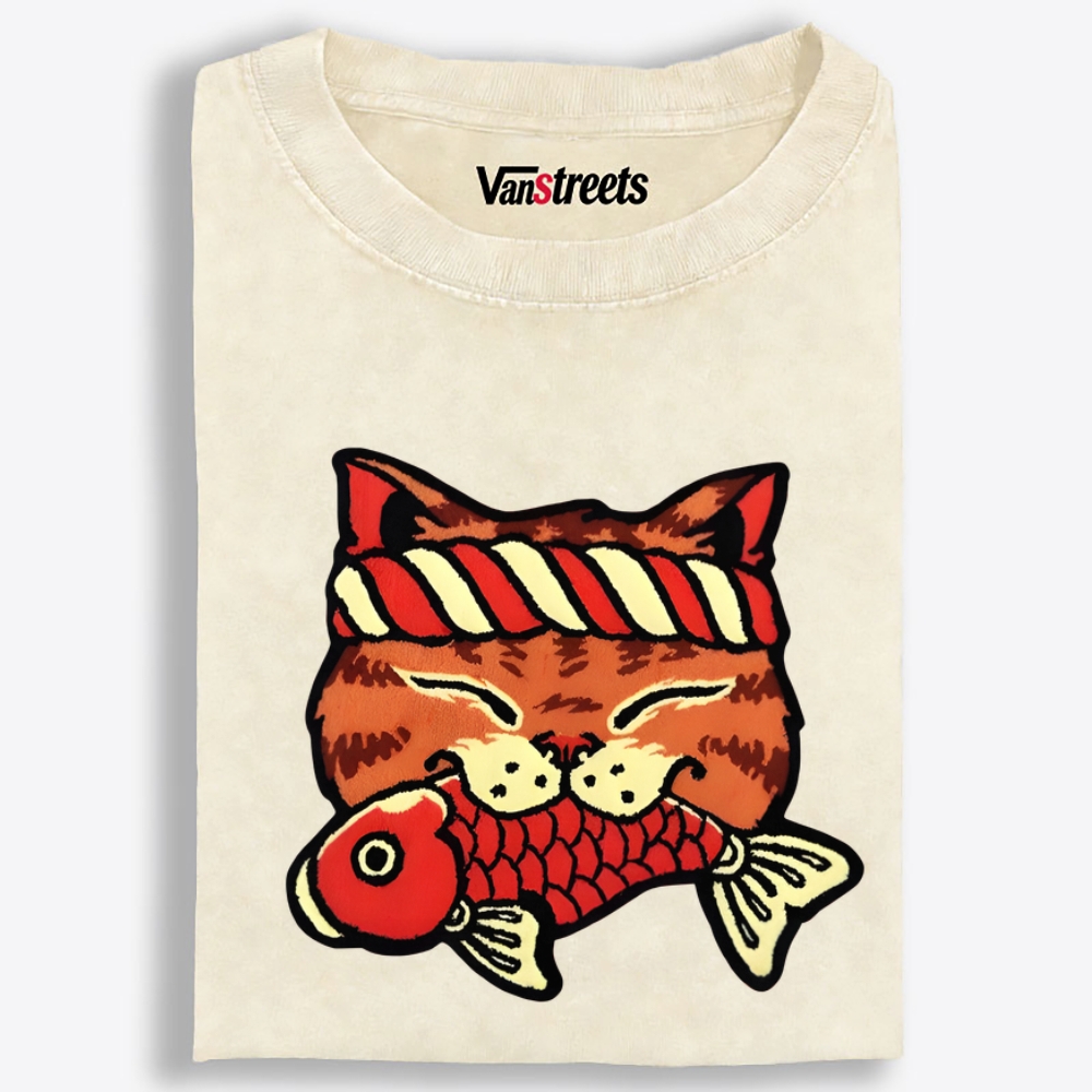 Lucky Cat Fish Retro Washed T-Shirt | 100% Cotton | Streetwear Essential
