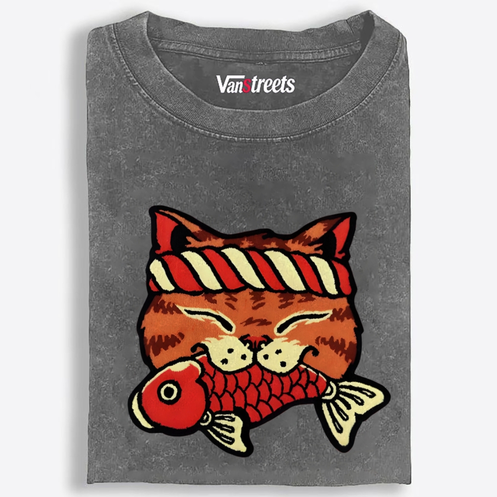 Lucky Cat Fish Retro Washed T-Shirt | 100% Cotton | Streetwear Essential