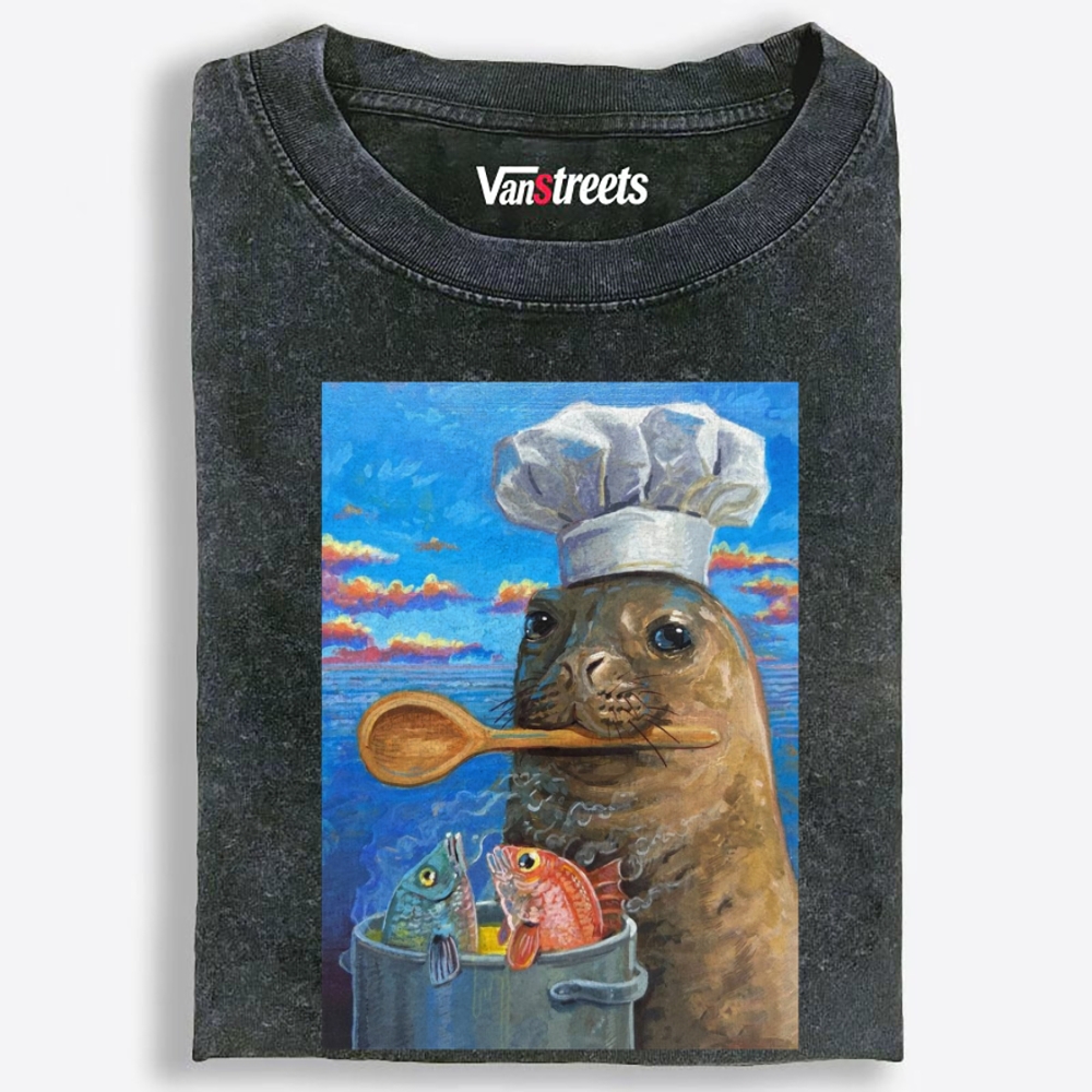 Sea Lion Chef Retro Washed T-Shirt | 100% Cotton | Streetwear Essential