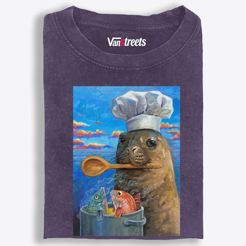 Sea Lion Chef Retro Washed T-Shirt | 100% Cotton | Streetwear Essential