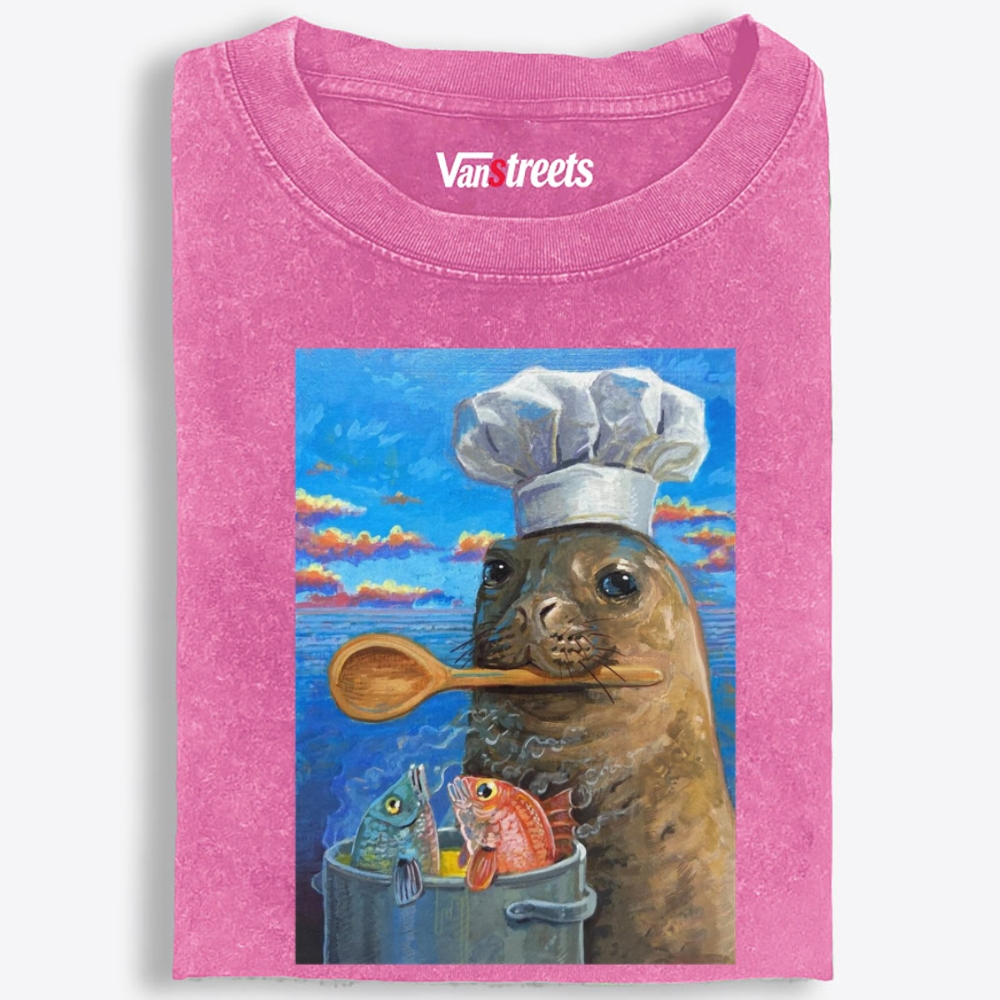 Sea Lion Chef Retro Washed T-Shirt | 100% Cotton | Streetwear Essential