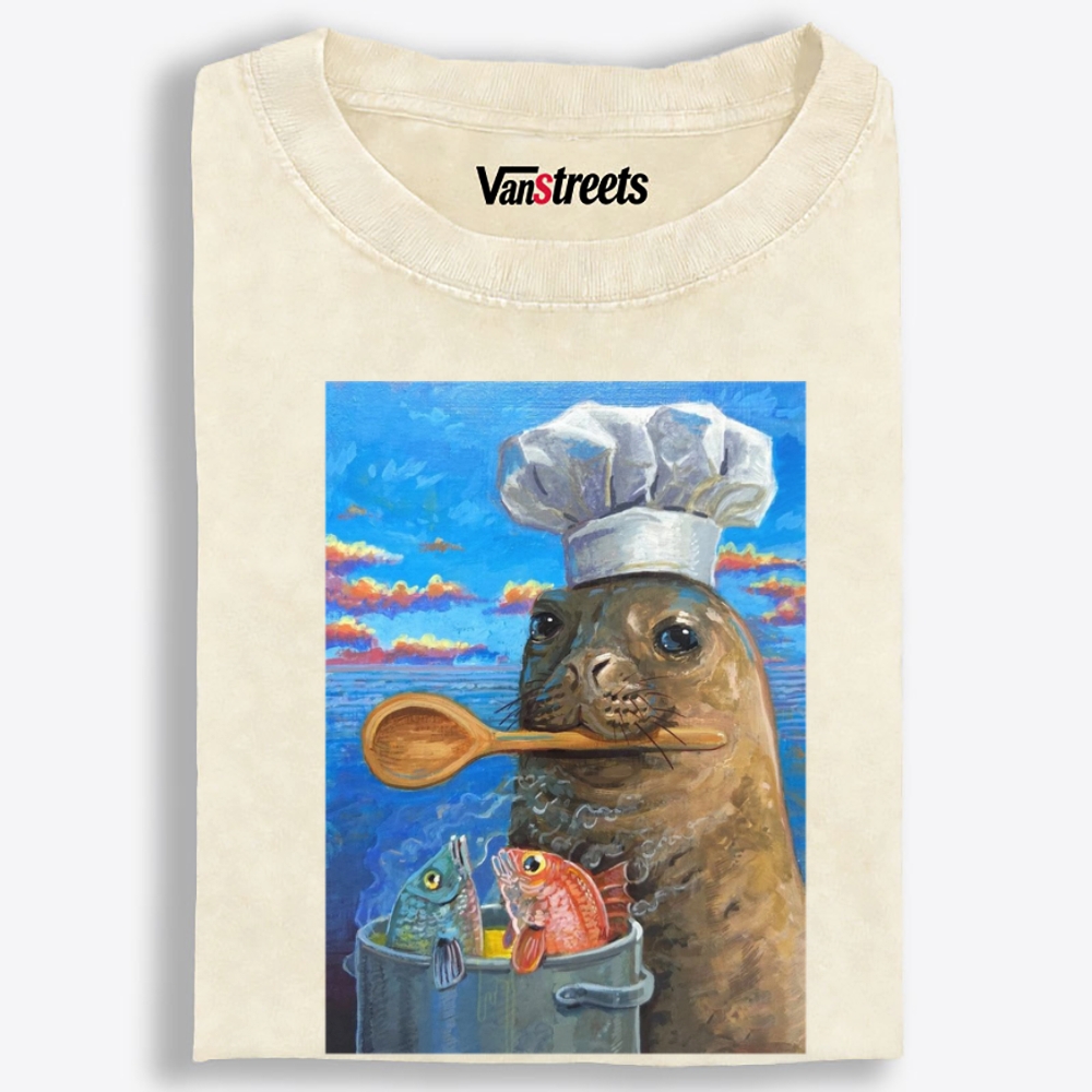Sea Lion Chef Retro Washed T-Shirt | 100% Cotton | Streetwear Essential