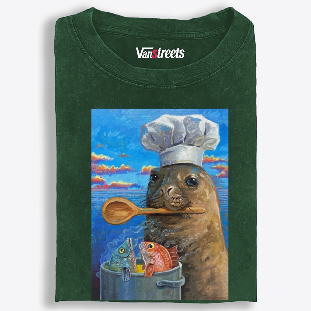 Sea Lion Chef Retro Washed T-Shirt | 100% Cotton | Streetwear Essential