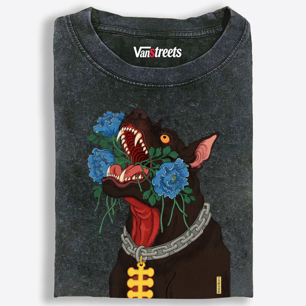 Flower Mouth Pitbull Retro Washed T-Shirt | 100% Cotton | Streetwear Essential