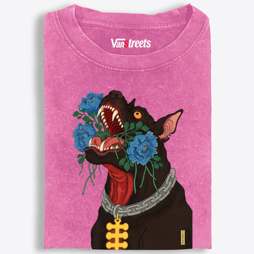 Flower Mouth Pitbull Retro Washed T-Shirt | 100% Cotton | Streetwear Essential