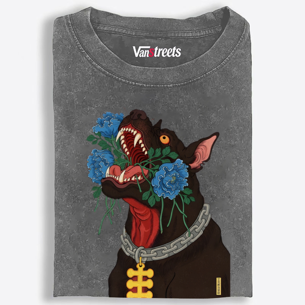 Flower Mouth Pitbull Retro Washed T-Shirt | 100% Cotton | Streetwear Essential