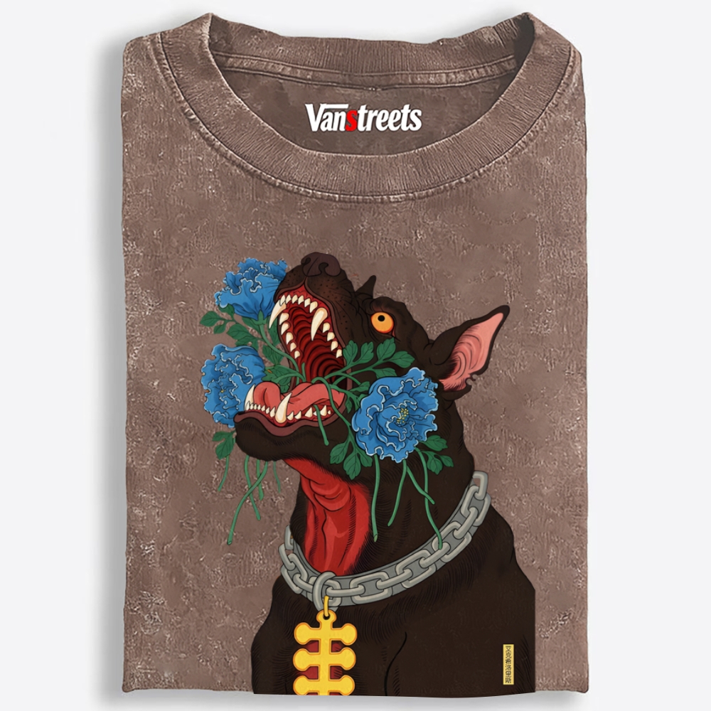 Flower Mouth Pitbull Retro Washed T-Shirt | 100% Cotton | Streetwear Essential