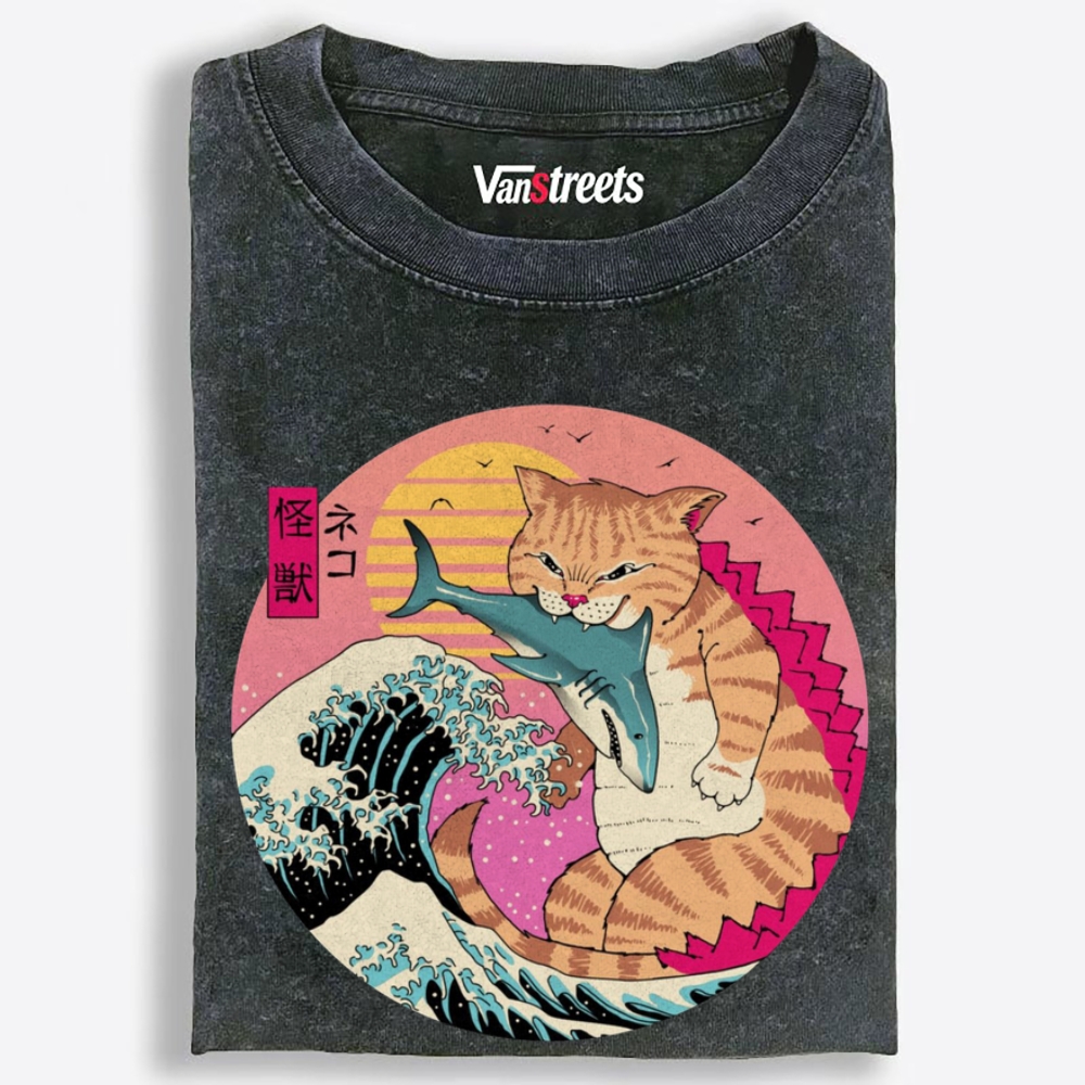 Kaiju Cat Shark Retro Washed T-Shirt | 100% Cotton | Streetwear Essential