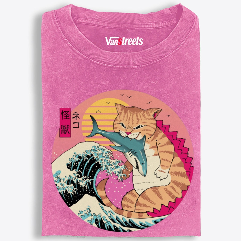Kaiju Cat Shark Retro Washed T-Shirt | 100% Cotton | Streetwear Essential