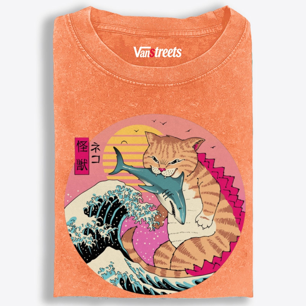 Kaiju Cat Shark Retro Washed T-Shirt | 100% Cotton | Streetwear Essential