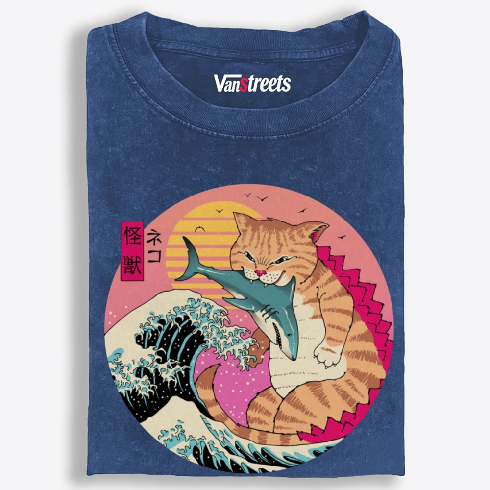 Kaiju Cat Shark Retro Washed T-Shirt | 100% Cotton | Streetwear Essential