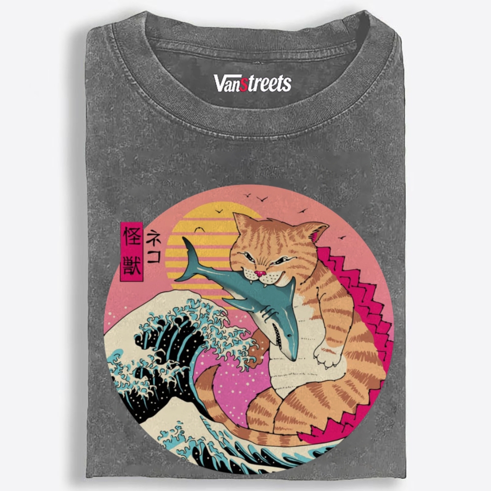 Kaiju Cat Shark Retro Washed T-Shirt | 100% Cotton | Streetwear Essential