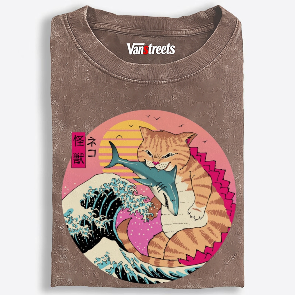 Kaiju Cat Shark Retro Washed T-Shirt | 100% Cotton | Streetwear Essential