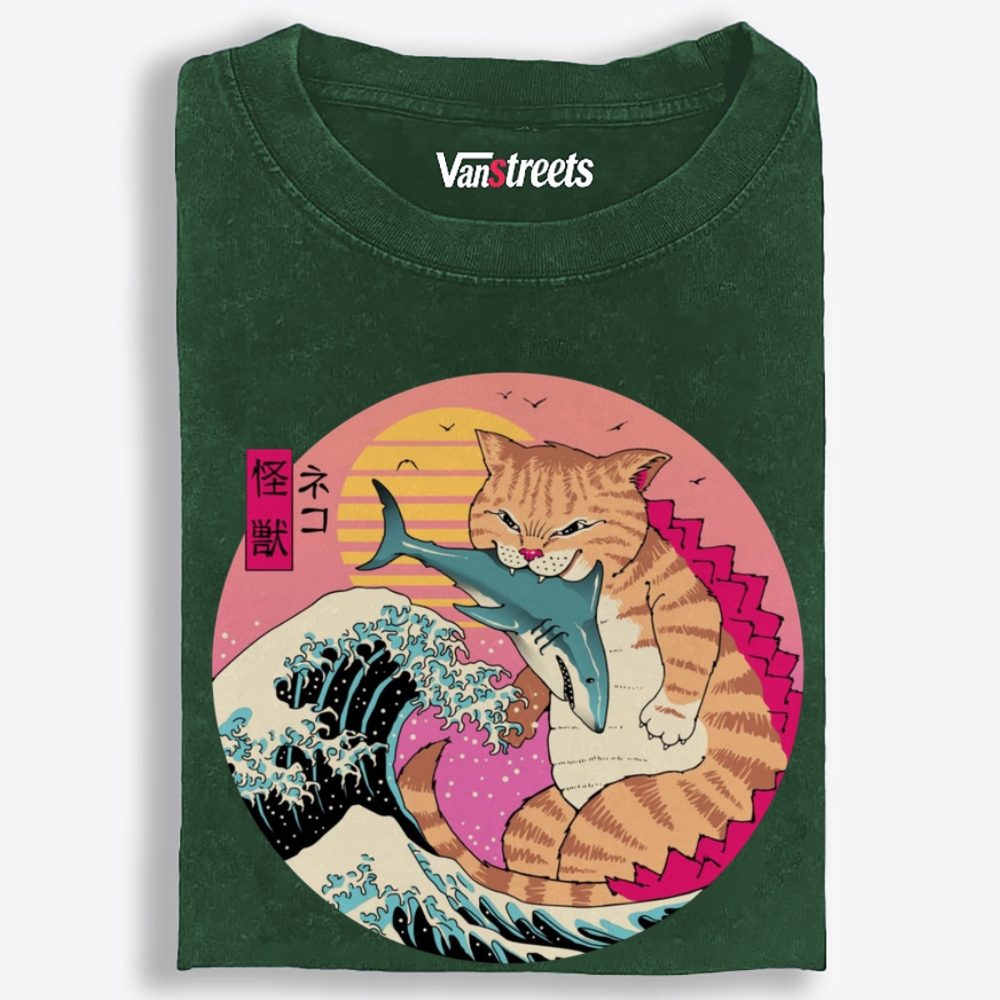 Kaiju Cat Shark Retro Washed T-Shirt | 100% Cotton | Streetwear Essential