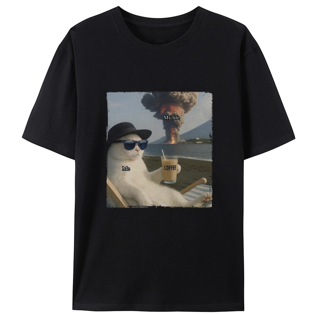 Volcano Coffee Cat "Me vs My Life" Meme RetroDesigned for Women - Slim Fit Cotton Tee