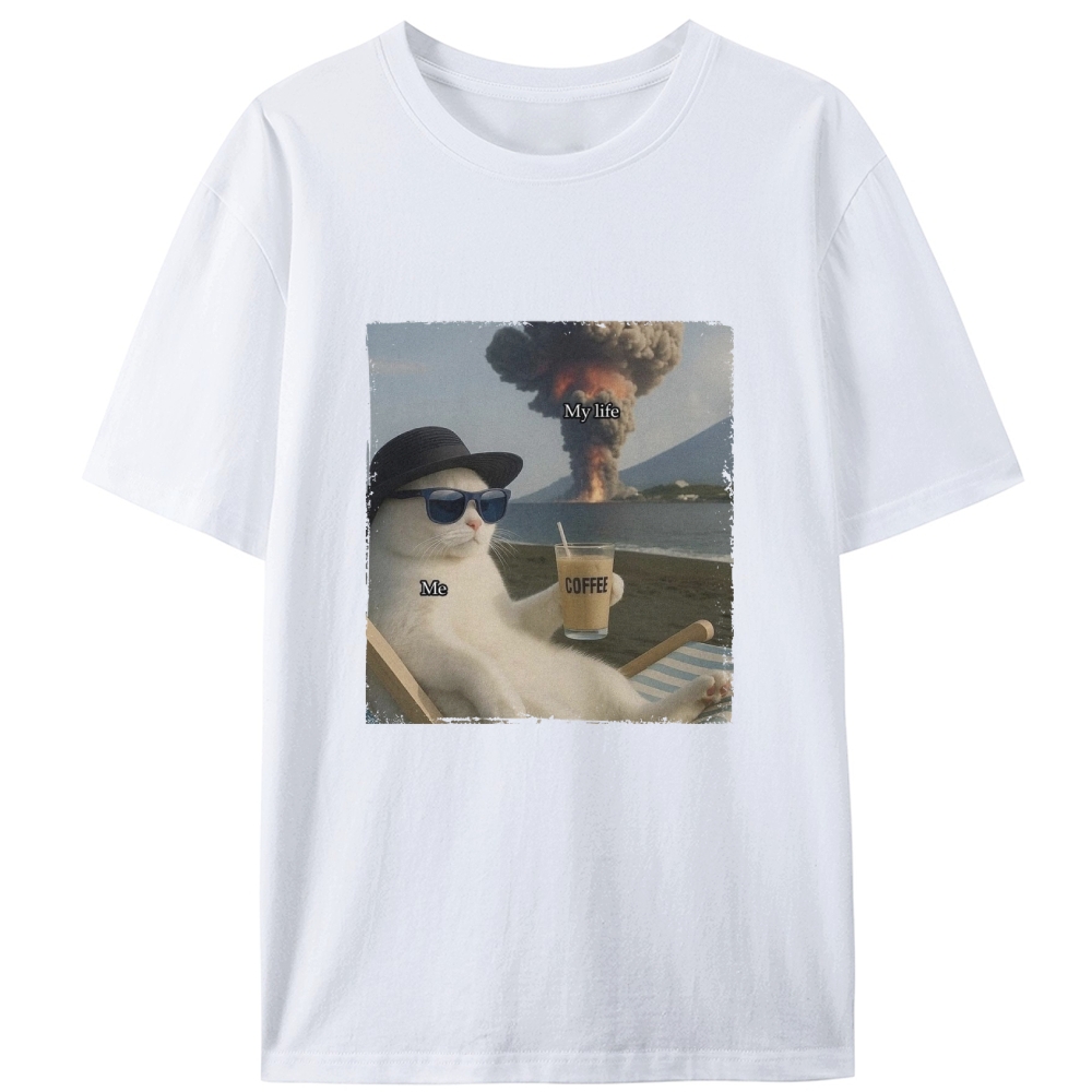 Volcano Coffee Cat "Me vs My Life" Meme RetroDesigned for Women - Slim Fit Cotton Tee